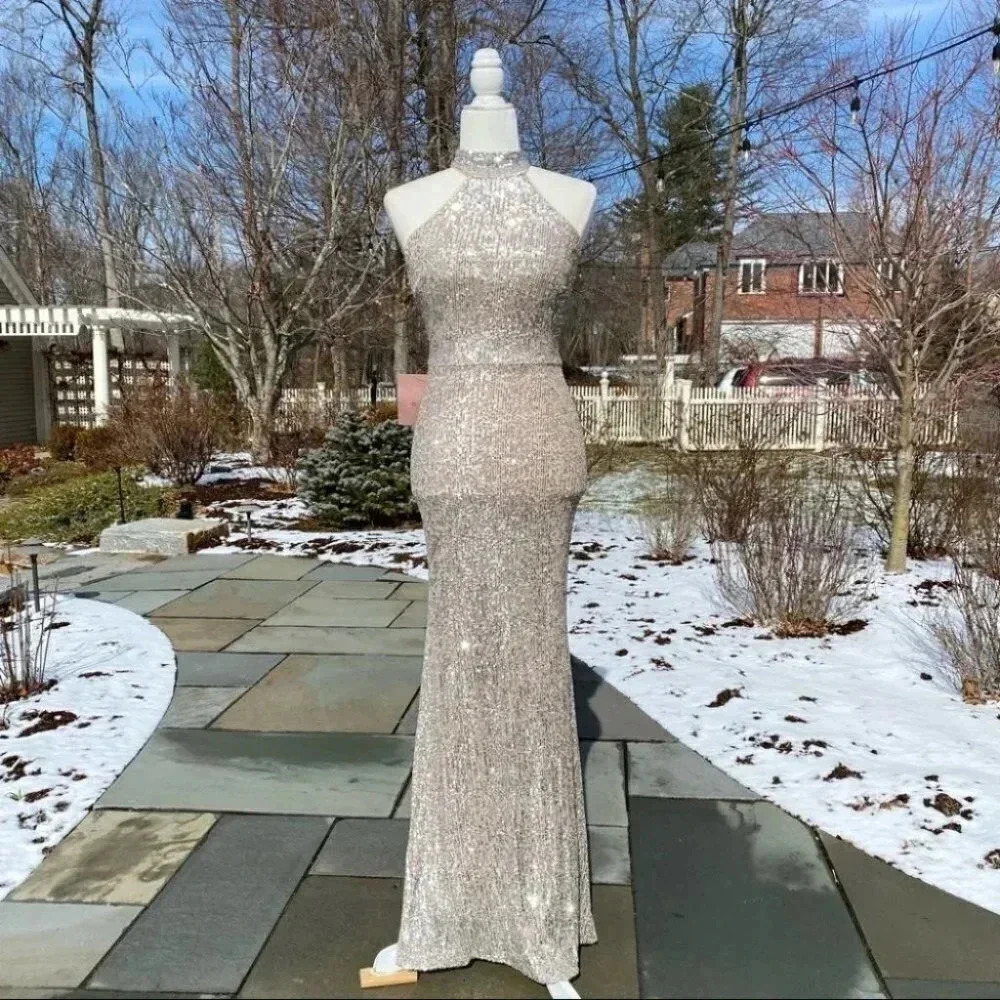 NWT BHLDN Conroy Sequin Formal Maxi Dress in Silver Gold Size 8